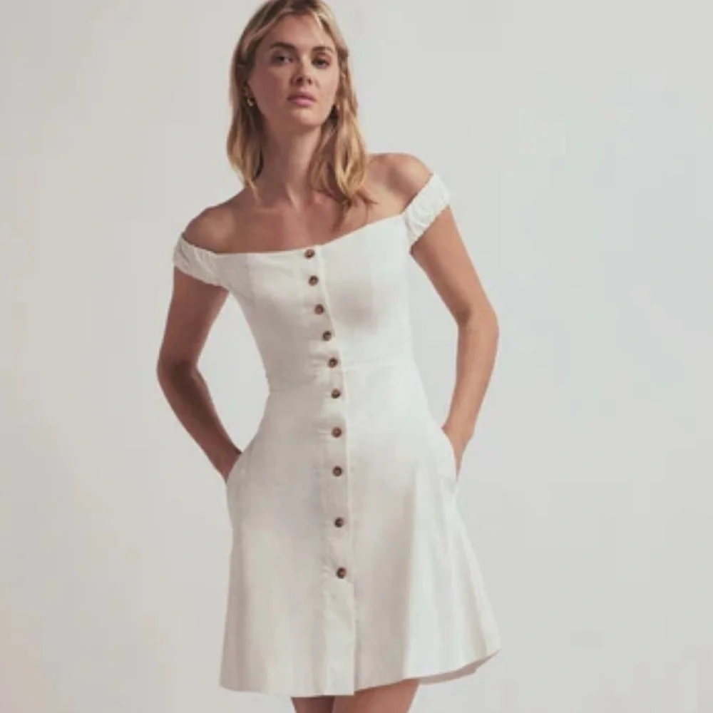 Favorite Daughter Off-Shoulder White Button-Front Mini Dress - Picture 2 of 12